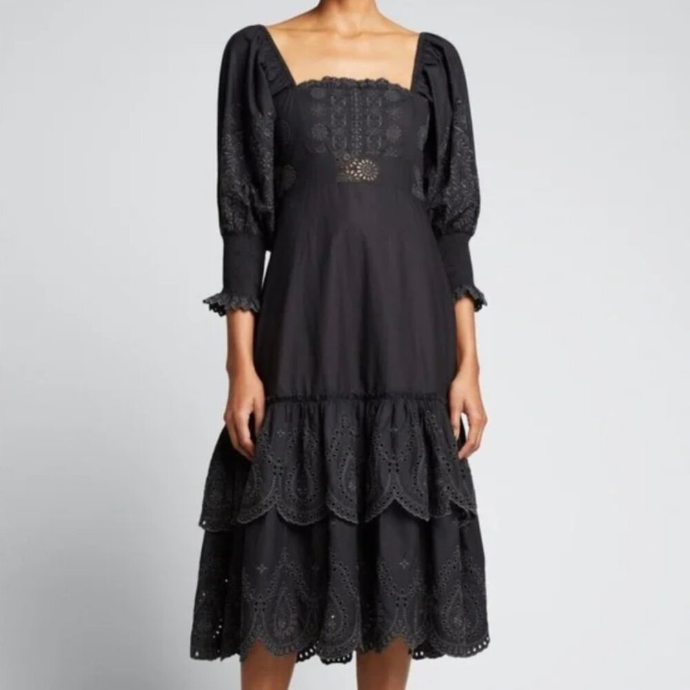 LoveShackFancy | Toulon Broderie Square-Neck Midi Dress (Size 6)